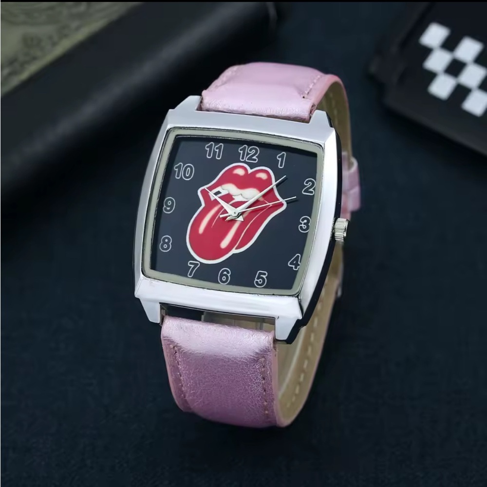 NEW Mick Jagger Lips Logo Rolling Stones Unisex Wristwatch With Pink Strap!